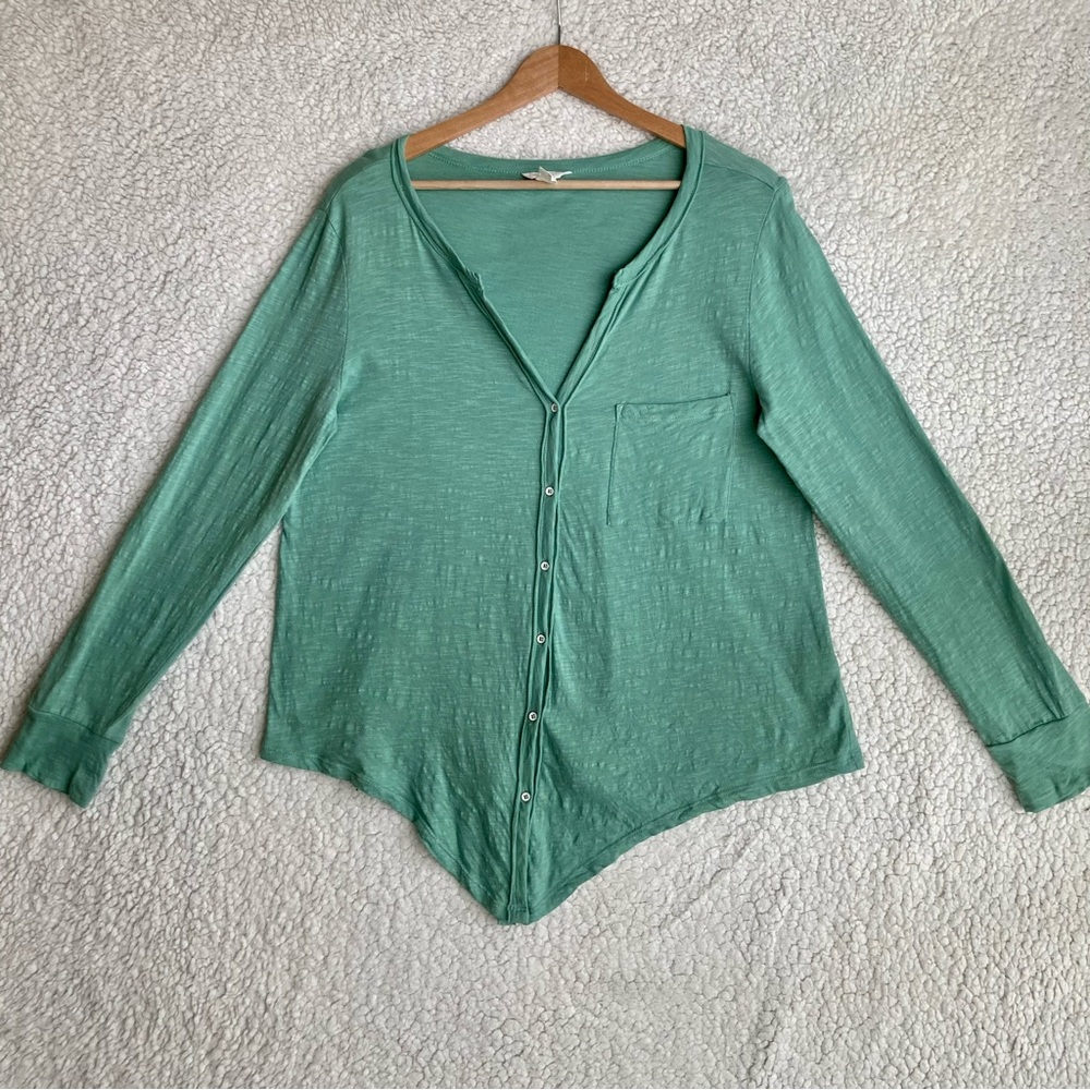 Caslon Women’s tie front long sleeve V-neck button down slub cotton top, Sz XS - Picture 4 of 13